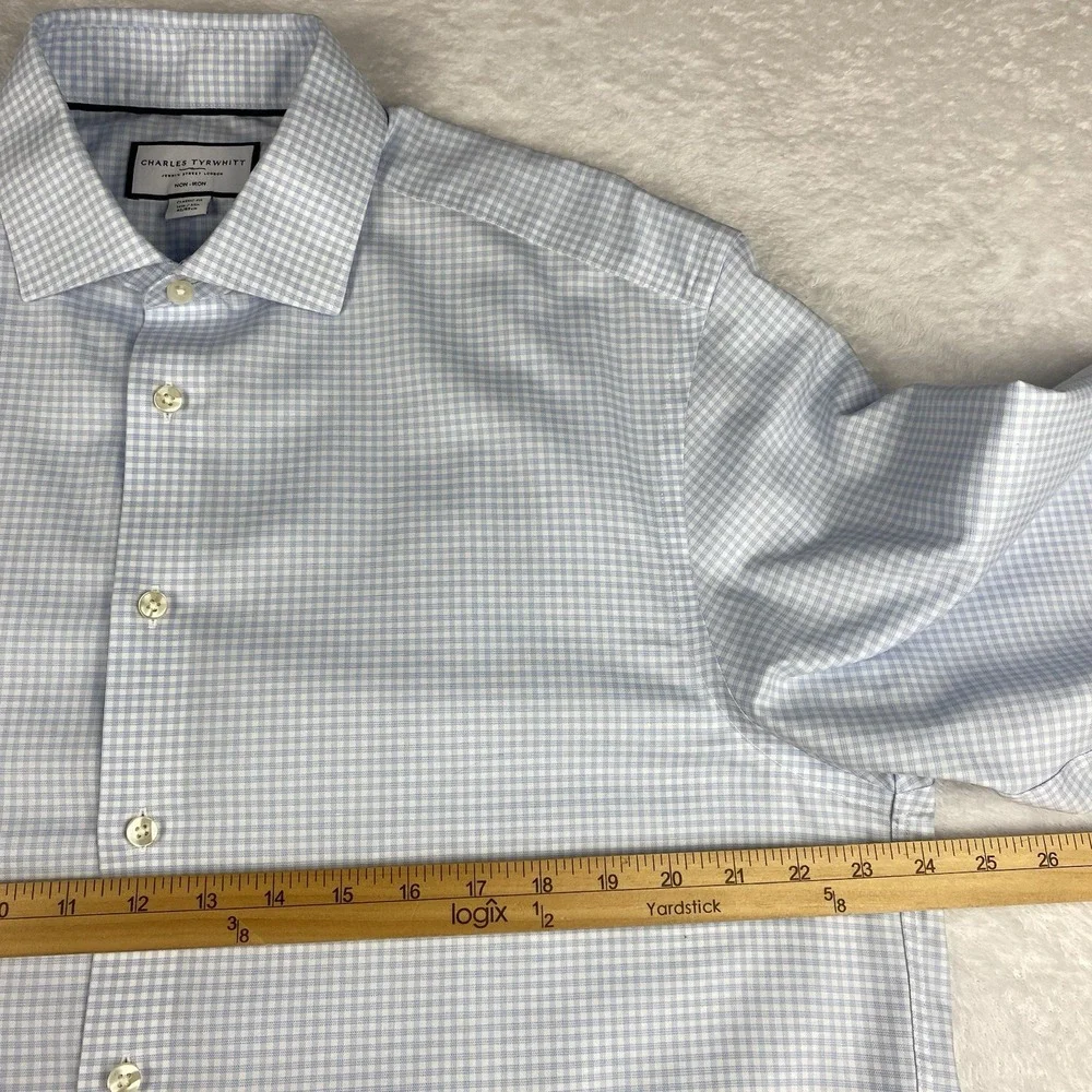 Charles Tyrwhitt Dress Shirt Mens 16.5-35 Blue/White Checks Classic Fit No Iron